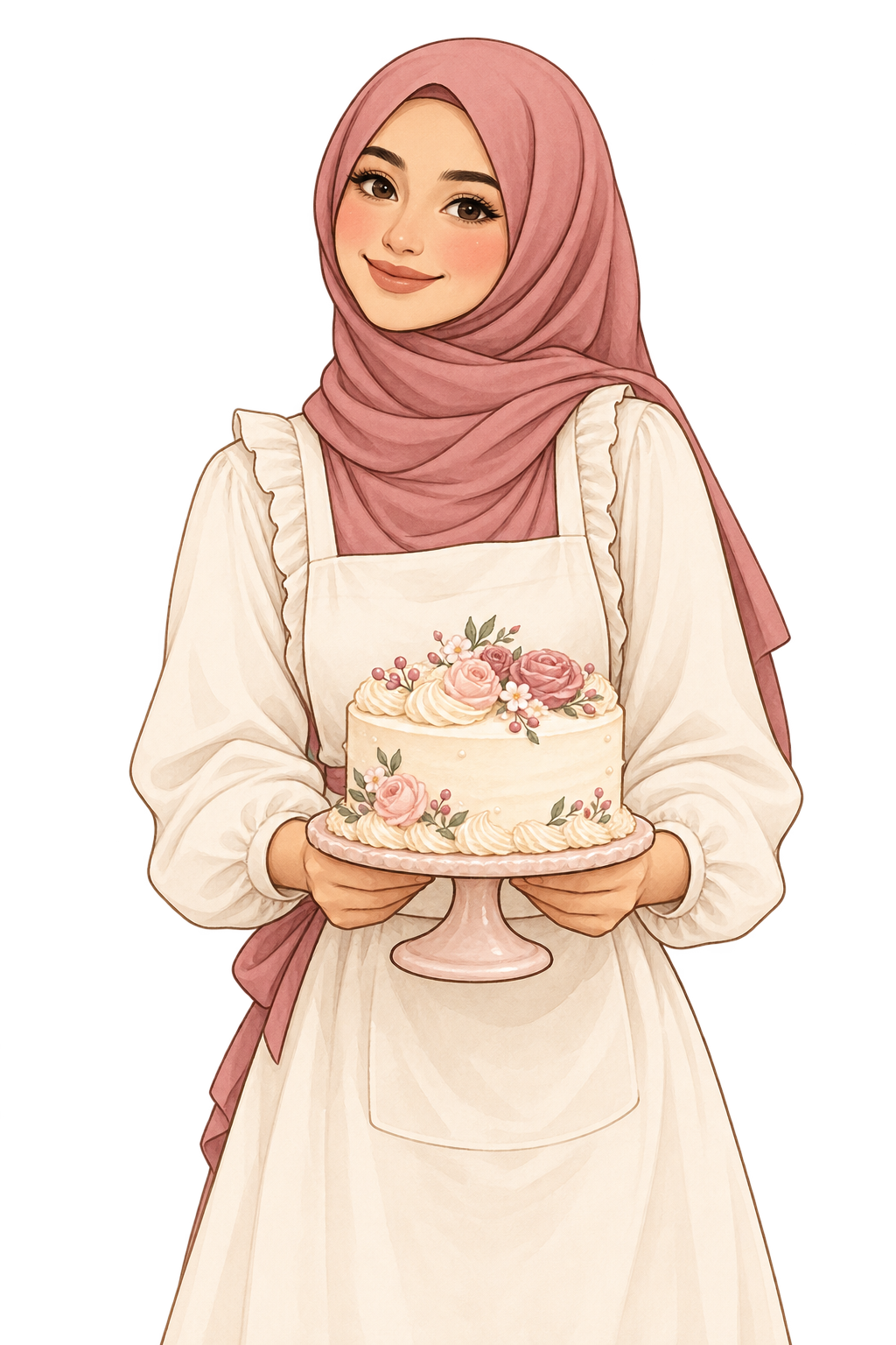 Illustration of Sana wearing a rose hijab and cream apron, holding a frosted cake
